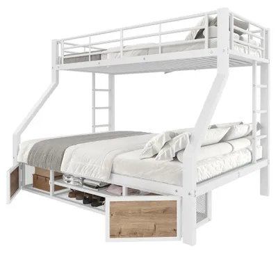 Image de Lit superposé - 90 x 200 cm - Métal - Armoire à chaussures et étagères de rangement - Portes de sécurité - Échelle - Blanc