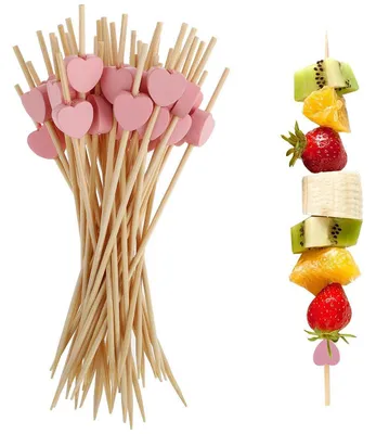 Image de Brochettes pour cocktails, forme cœur rose, 100 pièces, 12 cm, en bois, pour amuse-gueules et décoration