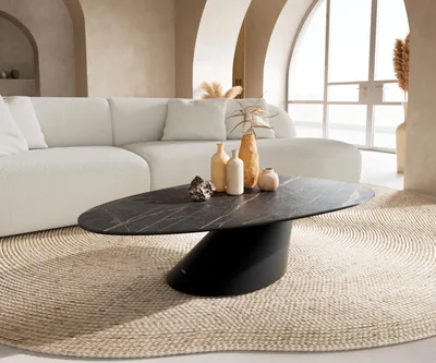 Produktbild von DELIFE Couchtisch Edge Oval 140x75 cm Keramik Laminam® Noir Desir Braun Conis Metall Schwarz