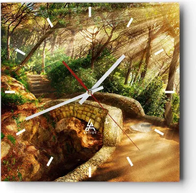 Produktbild von Wanduhr - Quadrat - Glasuhr - Pfad Steinbrücke Wald Herbst - 30x30cm - Schleichendes Uhrwerk - Lautlos - zum Aufhängen bereit - Dekoration Modern - Wanddekoration aus Glas - C3AC30x30-2800