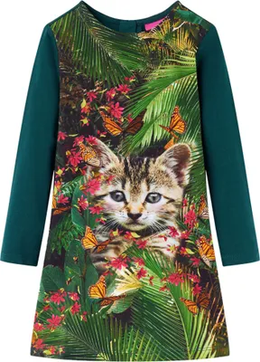 Produktbild von Cloris Designermöbel Kinderkleid mit Langen Ärmeln Katzen-Aufdruck Dunkelgrün 104 2024 Neu