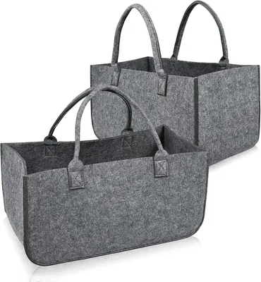 Image de ROSEJANE, 2 sacs en feutre pour bois de cheminée, panier à bois avec poignées de transport, sac en feutre pliable pour bois de cheminée, journaux et courses, 50 x 25 x 25 cm, gris clair