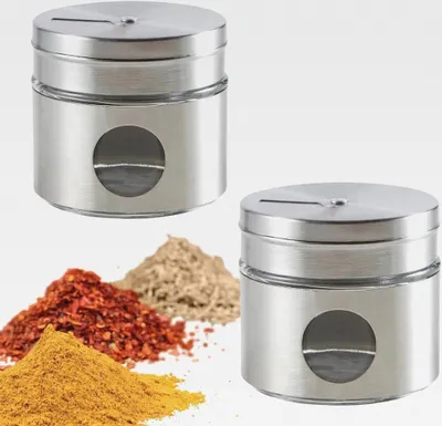 Produktbild von .- Set mit 2 Salz- und Pfefferstreuern - Gewürzspender aus Edelstahl - 2 Multifunktionsgläser mit unterschiedlichen Löchern für Salz, Pfeffer, Curry, Schnittlauch - 6 x 5 x 5 cm