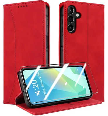 Image de Coque de protection pour Samsung Galaxy A16 4G/A16 5G/A26 5G, avec verre trempé, étui rabattable en cuir, protection RFID, couleur rouge