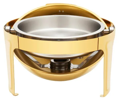 Produktbild von Runde Servierschale - Chafing Dish Buffetwärmer - Sichtdeckel 90–180° drehbar - Einzelnes Gestell - Standfester rostfreier Fuß - Spülmaschinenfest - Goldfarben