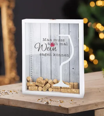 Produktbild von Gilde Weinkorken Sammelbox, rechteckig, Weinfest, Spruch, Weinglasmotiv, Glas, MDF, grau, VE 3 Höhe: 40.00 cm Breite: 30.00 cm Tiefe: 7.00cm 53262