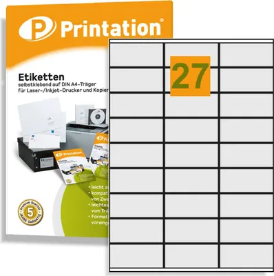 Produktbild von Printation Universal Etiketten 70 x 32 mm weiß 2700 Klebeetiketten 100 DIN A4 Bogen á 3x9 70x32 Labels permanent selbstklebend