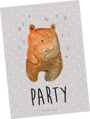 Produktbild von Mr. & Mrs. Panda Postkarte Bär Party - Grau Pastell - Geschenk, Ansichtskarten, Ansichtskarte, Gute Laune, Teddy, Postkarten, Grußkarte, Lustig, Geburtstagsgeschenk