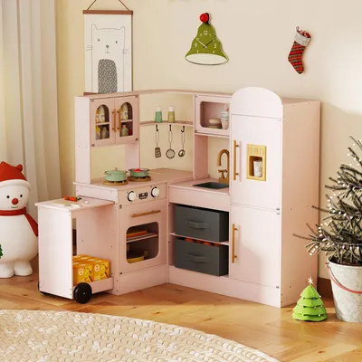 Immagine prodotto di Cucina per bambini COSTWAY con piano di lavoro estraibile, lavello, fornello, forno, frigorifero, luci, suoni, accessori e cestini in tessuto Cucina giocattolo per bambini 3+rosa