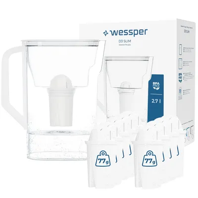 Imagen del producto de Jarra filtrante Wessper D3 SLIM, 2,7 litros, color blanco, con 10 filtros aquaclassic