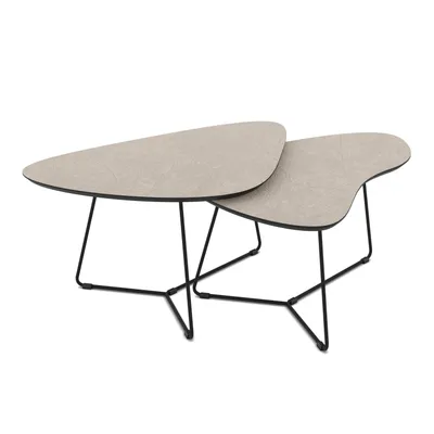 Produktbild von Hela Tische, Couchtisch Pisa, Nierenform - 2er Set - Nachbildung Cashmere mit Steinstruktur - Schweizer Kante - Rundrohr Metallgestell Schwarz