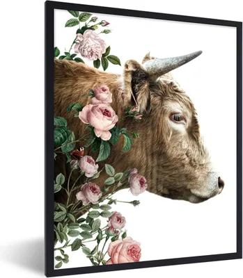 Produktbild von MuchoWow® Gerahmtes Poster Schottischer Highlander - Kuh - Blumen 60x80 cm - Poster mit Schwarzem Bilderrahmen Wandposter Rahmen Foto Bilder - Premium - Wanddeko Wohnzimmer