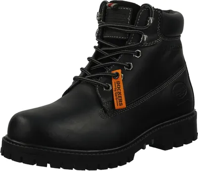 A black leather boot with laces and an orange tag.