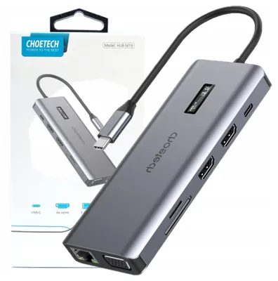 Image de Choetech Hub multifonctionnel avec écran 12W1 Usb-C vers 1Xusb-C/4Xusb-A/2Xhdmi/1Xvga/1Xaux/Lecteur de carte mémoire Gris (Hub-M26)