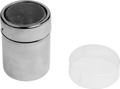 A stainless steel powder shaker with a mesh top and a clear plastic lid shown separately.