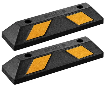 Produktbild von Wiltec Radstopper 55 x 15 x 10 cm, 2x Einparkhilfe aus Gummi, Parkplatzbegrenzung mit gelben Reflexionsstreifen & Schraubrillen, Parkplatzsperre für Garage