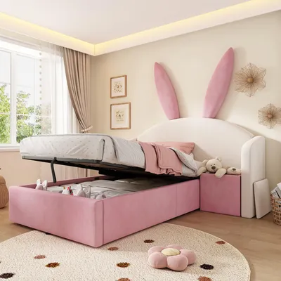 Immagine prodotto di Letto imbottito Merax 90x200 cm con testiera a orecchie di coniglio, lettino per bambini con contenitore idraulico e comodino, letto in velluto per ragazzi con rete a doghe, rosa e bianco