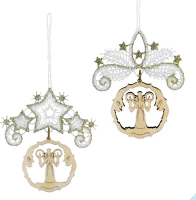 Produktbild von Baumbehang "Zweig und Stern", 9 cm, 6 Stück (3 Stück je Stickmotiv) Engel