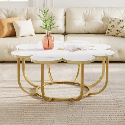 Produktbild von LITTLE TREE Couchtisch in Weiß und Gold, Moderner Couchtisch in Blumenform mit Tischplatte aus Kunstmarmor, 100cm Akzenttisch mit Metallrahmen