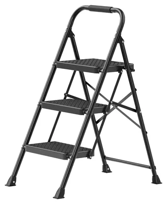 Image de Échelle pliante en acier, 3 marches, noire, dimensions : 73 x 46,5 x 102,5 cm