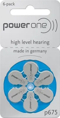 A 6-pack of Power One hearing aid batteries in their original packaging.
