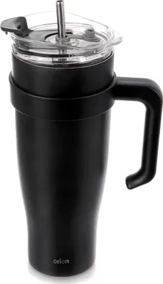 Produktbild von Reisebecher, 1,2 l, Edelstahl, schwarz, mit Henkel