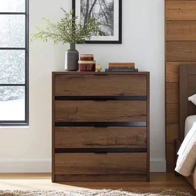 Produktbild von Kommode Martin K4SZ, Stilvoll Sideboard mit vier Schubladen, Schmalkommode (Farbe: Monastery Eiche / Schwarz Hochglanz)