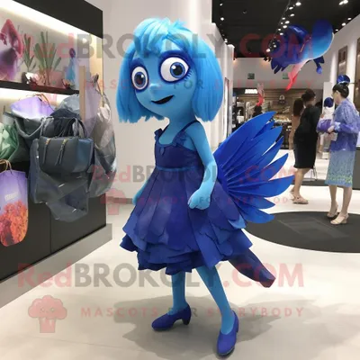 Produktbild von Blauer REDBROKOLY Betta-Fisch Maskottchen Kostüm charakter bekleidet mit einem Minirock und Handtaschen