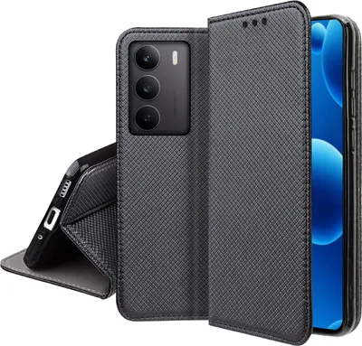 Zdjęcie produktu dla Etui z klapką do Realme 14x 5G Zamykane Czarne Futerał + Szkło 9H