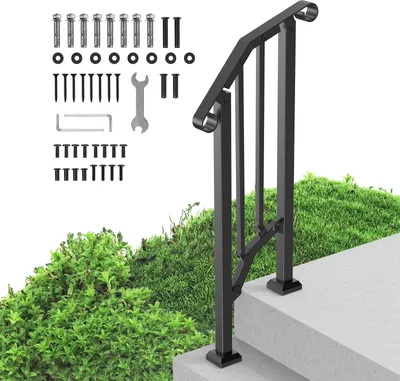 Image de Mains courantes VEVOR pour escaliers extérieurs, kit main courante escalier 1-2 marches, rampe de transition en acier carbone avec kit de montage, rampe d'escalier pour personnes âgées, marches en béton & véranda & deck,