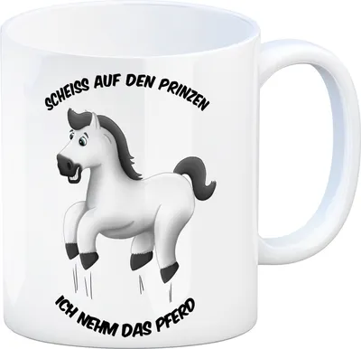 Produktbild von Kaffeebecher mit weißes Pferd Motiv und Spruch: Scheiß auf den Prinzen, ich