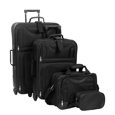 Immagine prodotto di Set da viaggio composto da 4 pezzi: trolley, borsa da viaggio, valigia, borsa a tracolla. Materiale: tessuto. Colore: nero. Include anche una trousse da toilette