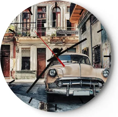Produktbild von Wanduhr - Rund - Glasuhr - Kubanisch Auto Mietshäuser - 40x40cm - Schleichendes Uhrwerk - Lautlos - zum Aufhängen bereit - Dekoration Modern - Wanddekoration aus Glas - C3AR40x40-4413