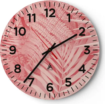 Produktbild von Wanduhr - Rund - Glasuhr - Rosa Blätter Palmen - 30x30cm - Schleichendes Uhrwerk - Lautlos - zum Aufhängen bereit - Dekoration Modern - Wanddekoration aus Glas - C4AR30x30-4745