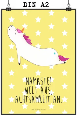 Produktbild von Mr. & Mrs. Panda Bild Einhorn Yoga DIN A2 - Gelb Pastell - Geschenk, Sport, Wandbild, drucke, Posterdruck, kunstposter, Namaste, Kunstdruck, Unicorn, Süß, Einhörner
