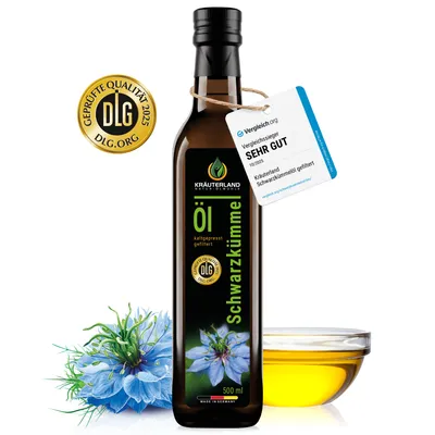 Produktbild von Kräuterland Premium Schwarzkümmelöl, 500ml gefiltert, kaltgepresst, Europas größte Ölmühle im Online-Handel, 22 Jahre Erfahrung, mühlenfrisch, vegan