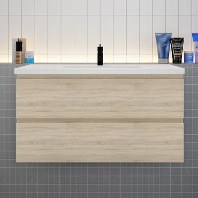Produktbild von Badezimmermöbel 100cm CINIC-Serie Mineralguss Waschtisch mit Unterschrank Hängeschrank Badezimmerschränke mit 2 Schubladen Eiche