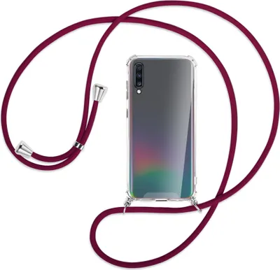 Produktbild von Handykette Backcover-Schutzhülle mit Band (Metall silberfarben) für Samsung Galaxy A70 - dunkelrot