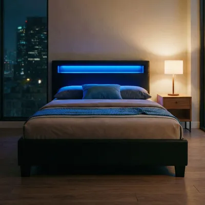 Produktbild von Polsterbett MIRASOL 120x200 cm, Schwarz - Einzelbett mit LED Beleuchtung im Kopfteil, inkl. Fernbedienung, Jugendbett aus Kunstleder mit Lattenrost