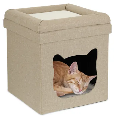 Produktbild von Katzenhöhle Katzenkorb Katzenbett - Faltbar - 44 x 40 x 40 cm - Hellbraun und Weiß