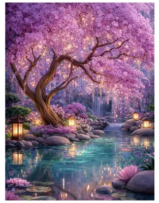 Produktbild von Diamond Painting Set - Kirschblütenlandschaft Motiv - Bastelset zur Wanddekoration - 30x40 cm