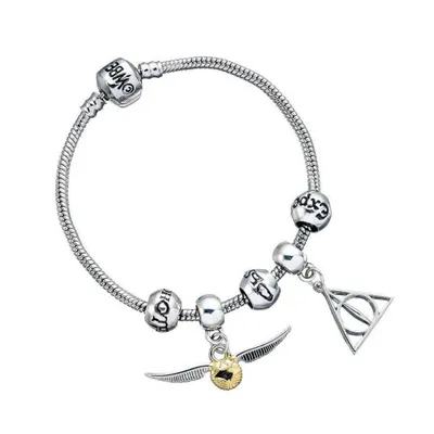 A Harry Potter themed charm bracelet with various charms including a Deathly Hallows symbol and a Golden Snitch.