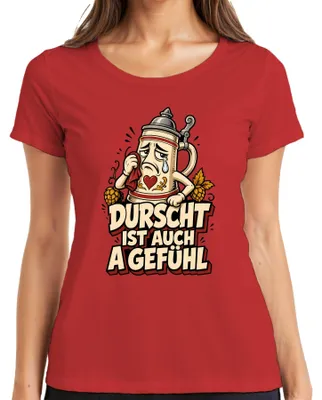 Obrázek produktu pro Durscht – tričko s motivem piva, bavorské kultury, kožených kalhot (Lederhosen) a tradičního ženského oděvu (Dirndl), červené barvy, velikost S