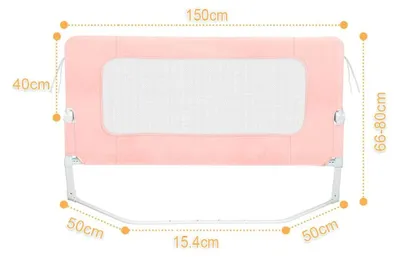 Produktbild von Bettgitter Rausfallschutz für Kinder - 150 cm - Faltbar - Höhenverstellbar 66–80 cm - Trapezfüße - Befestigungsgurte - Metallrahmen - Rosa