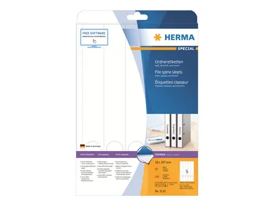 Image de Autocollants HERMA pour dossiers A4, blancs, 38 x 297 mm, papier mat opaque, 125 pièces