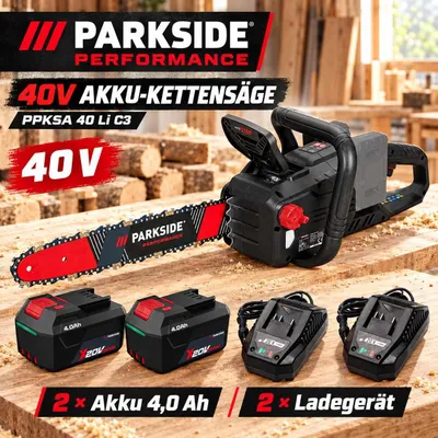 Produktbild von PARKSIDE PERFORMANCE 40V Kettensäge PPKSA 40 Li C3 2 x Akku 4.0 Ah, 2x Ladegerät C1