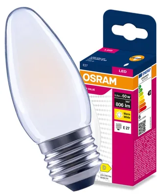 Obrázek produktu pro LED žárovka E27, značka "Świeczka", model B35, 5,9 W (odpovídá 60 W), 806 lm, 2700 K (teplá bílá), 300° svitový úhel, filamentová technologie, značka Osram, Obrázek vytvořený pomocí AI