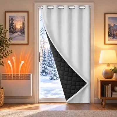 Immagine prodotto di 132x203 cm, grigio chiaro, tenda termica oscurante per porte, protezione dal freddo, tessuto termico da 405 GSM, impermeabile, opaca, con passanti colorati, cordoncino per tenda da porta