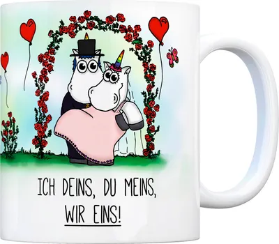 Produktbild von Honeycorns Kaffeebecher mit Einhorn Motiv und Spruch: Ich deins, du meins, wir