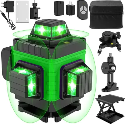 Obrázok produktu pre Laserová vodováha – 4D, 16 línií – 360° horizontálne a vertikálne – samonivelačná – zelený laser – vrátane batérie – strieborná